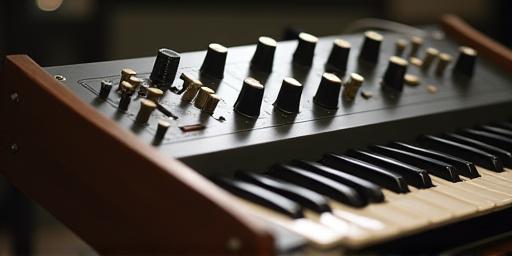 Close-up of a vintage analog synthesizer.