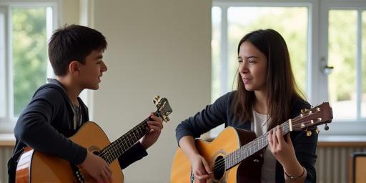A student receiving a one-on-one guitar lesson.